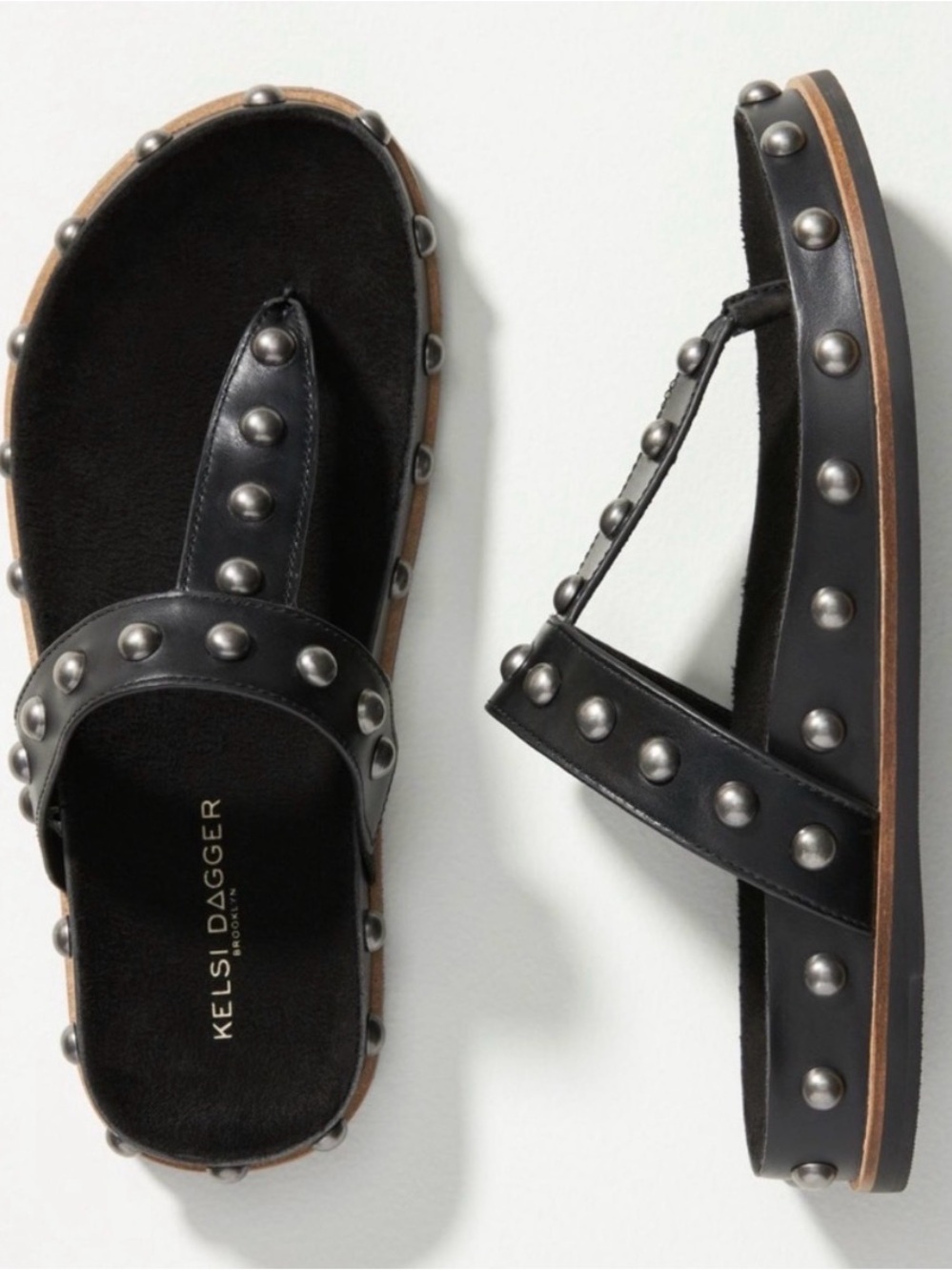 Kelsi Dagger Black Studded Leather T-Strap Sandals